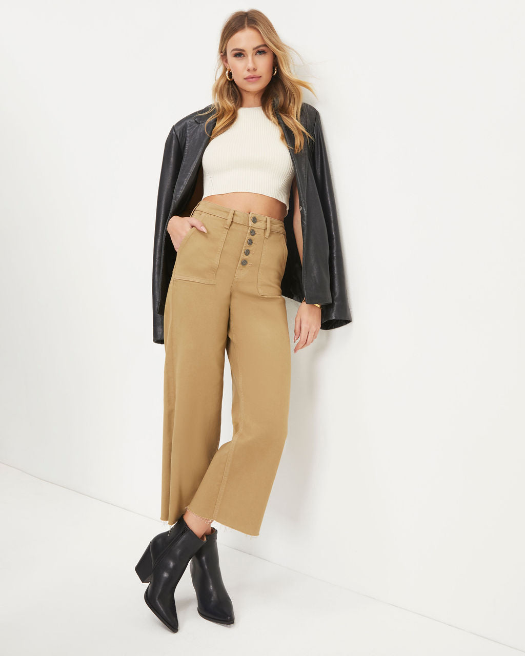 Layton High Rise Stretch Wide Leg Crop Jeans - Tan