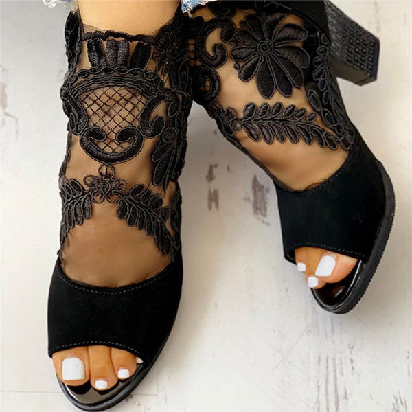 Lace Mesh Insert Chunky Heeled Sandals