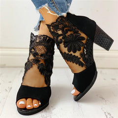 Lace Mesh Insert Chunky Heeled Sandals