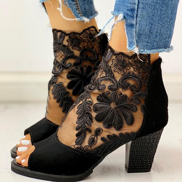 Lace Mesh Insert Chunky Heeled Sandals