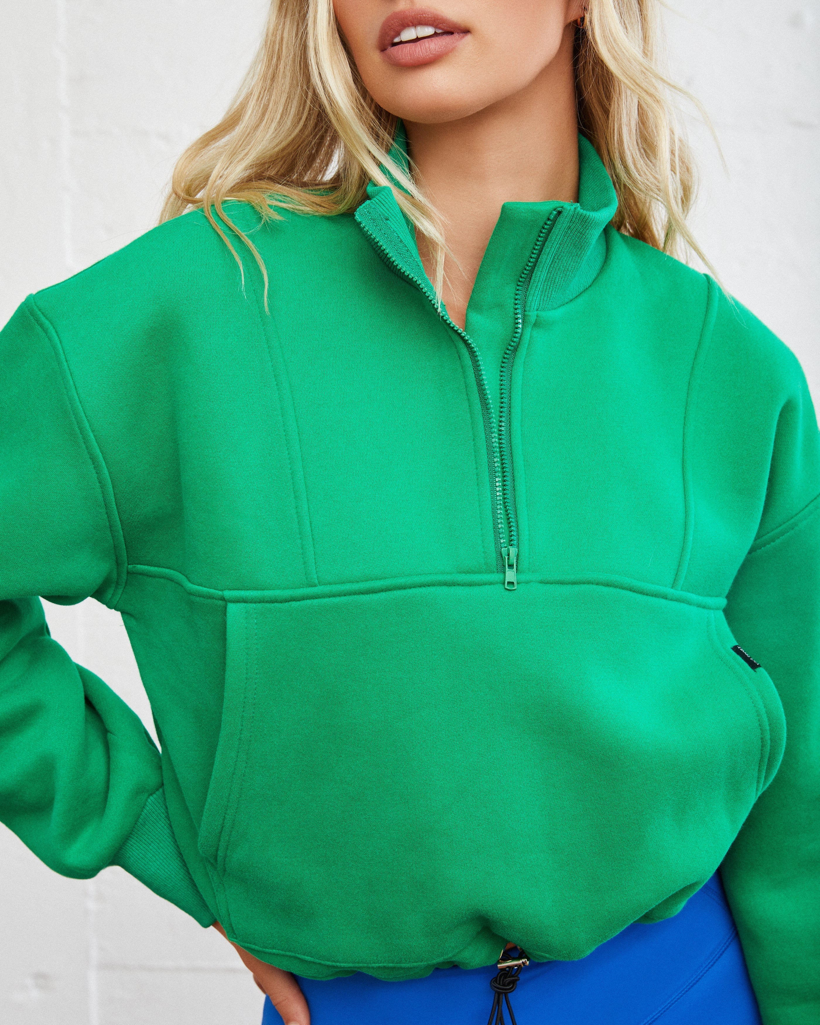 Athletic Cotton Blend Pocketed Half Zip Pullover - Green