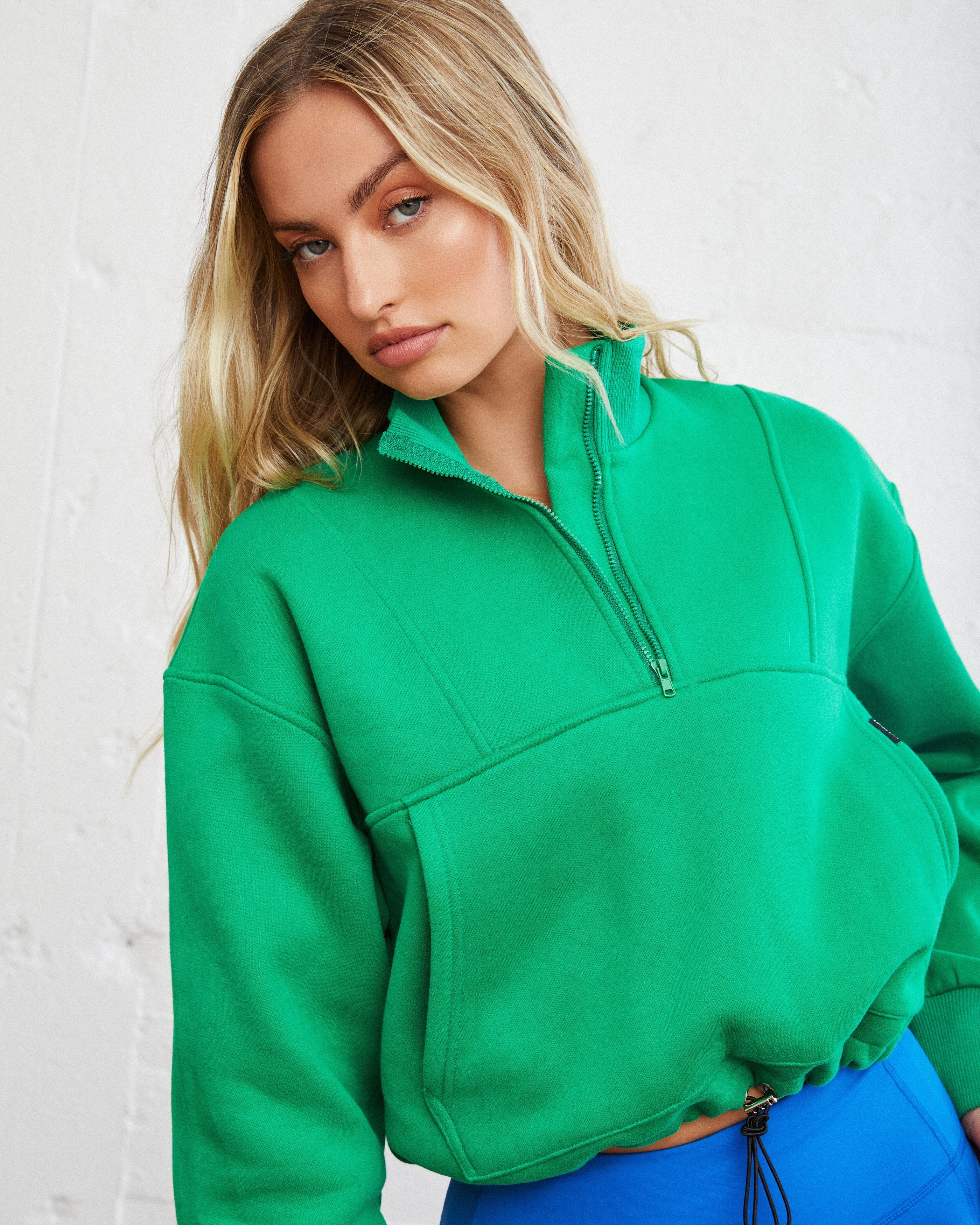 Athletic Cotton Blend Pocketed Half Zip Pullover - Green