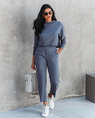 Airport Glam Cotton High Rise Pocketed Pants - Grey Blue