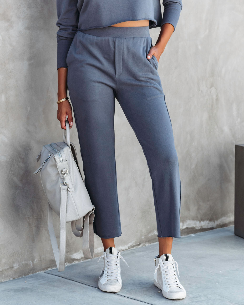 Airport Glam Cotton High Rise Pocketed Pants - Grey Blue