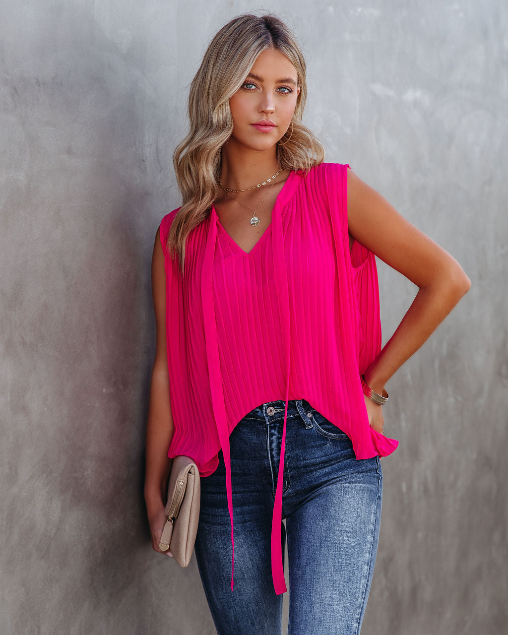 All That Matters Pleated Sleeveless Blouse - Hot Pink