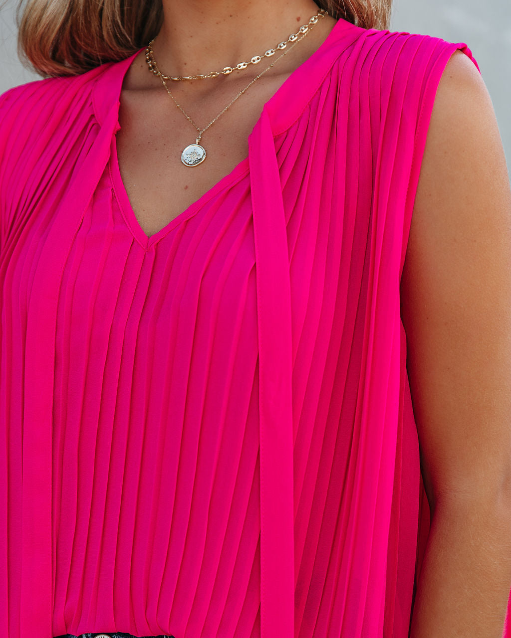 All That Matters Pleated Sleeveless Blouse - Hot Pink