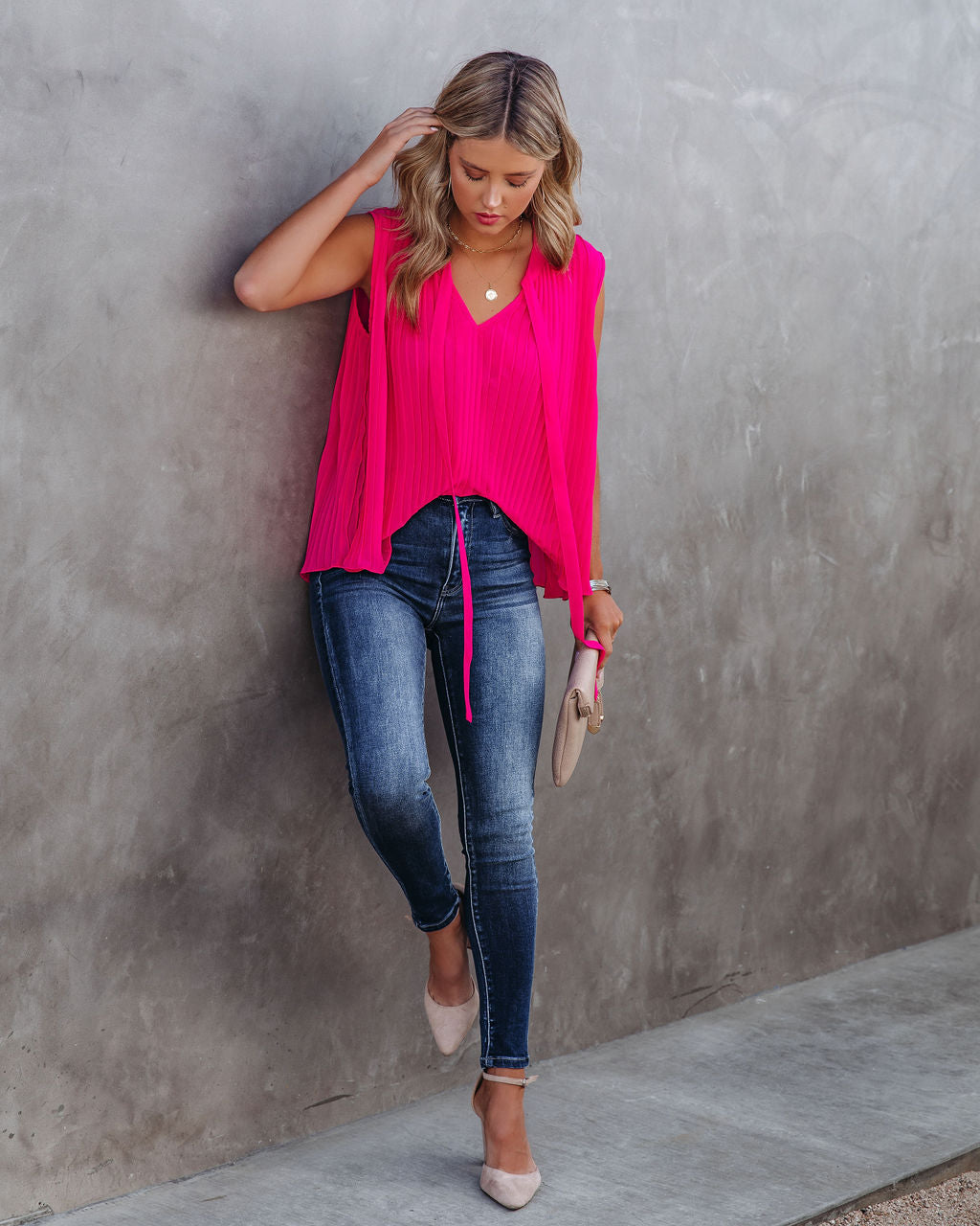 All That Matters Pleated Sleeveless Blouse - Hot Pink