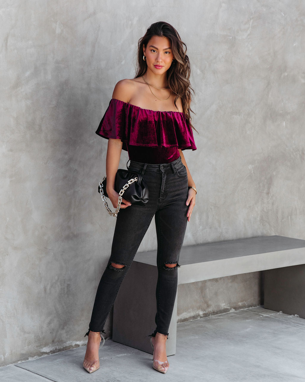 All Things Luxurious Velvet Off The Shoulder Bodysuit - Wine