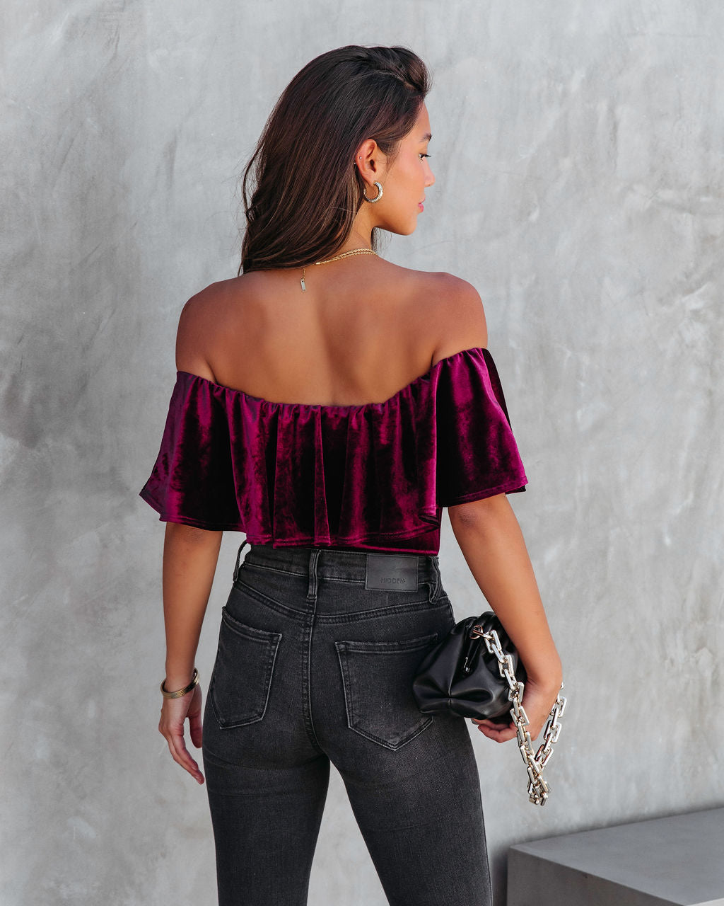 All Things Luxurious Velvet Off The Shoulder Bodysuit - Wine