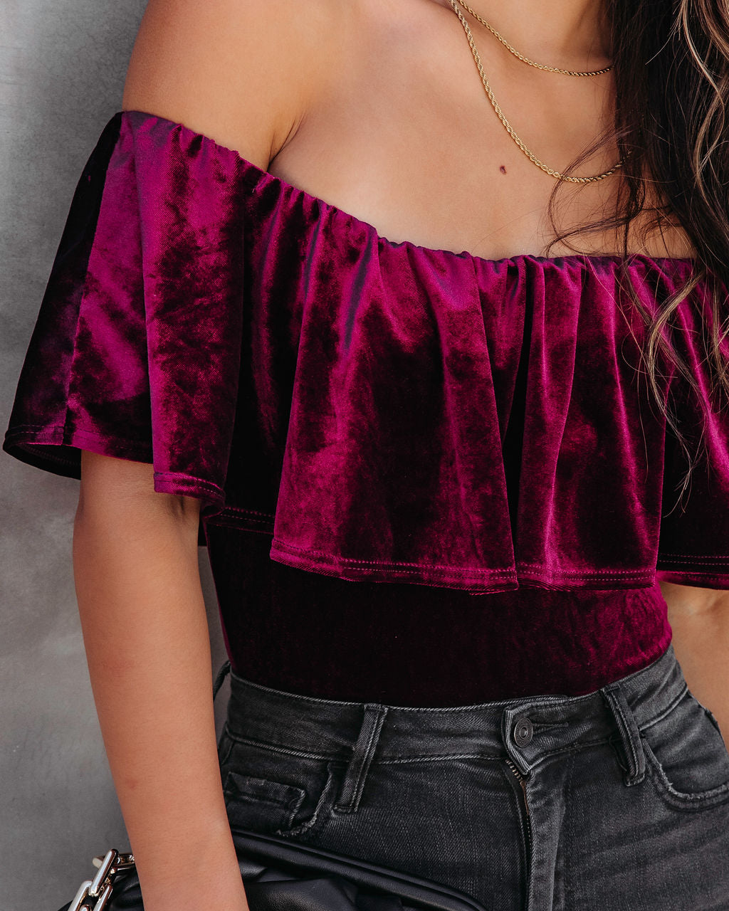 All Things Luxurious Velvet Off The Shoulder Bodysuit - Wine