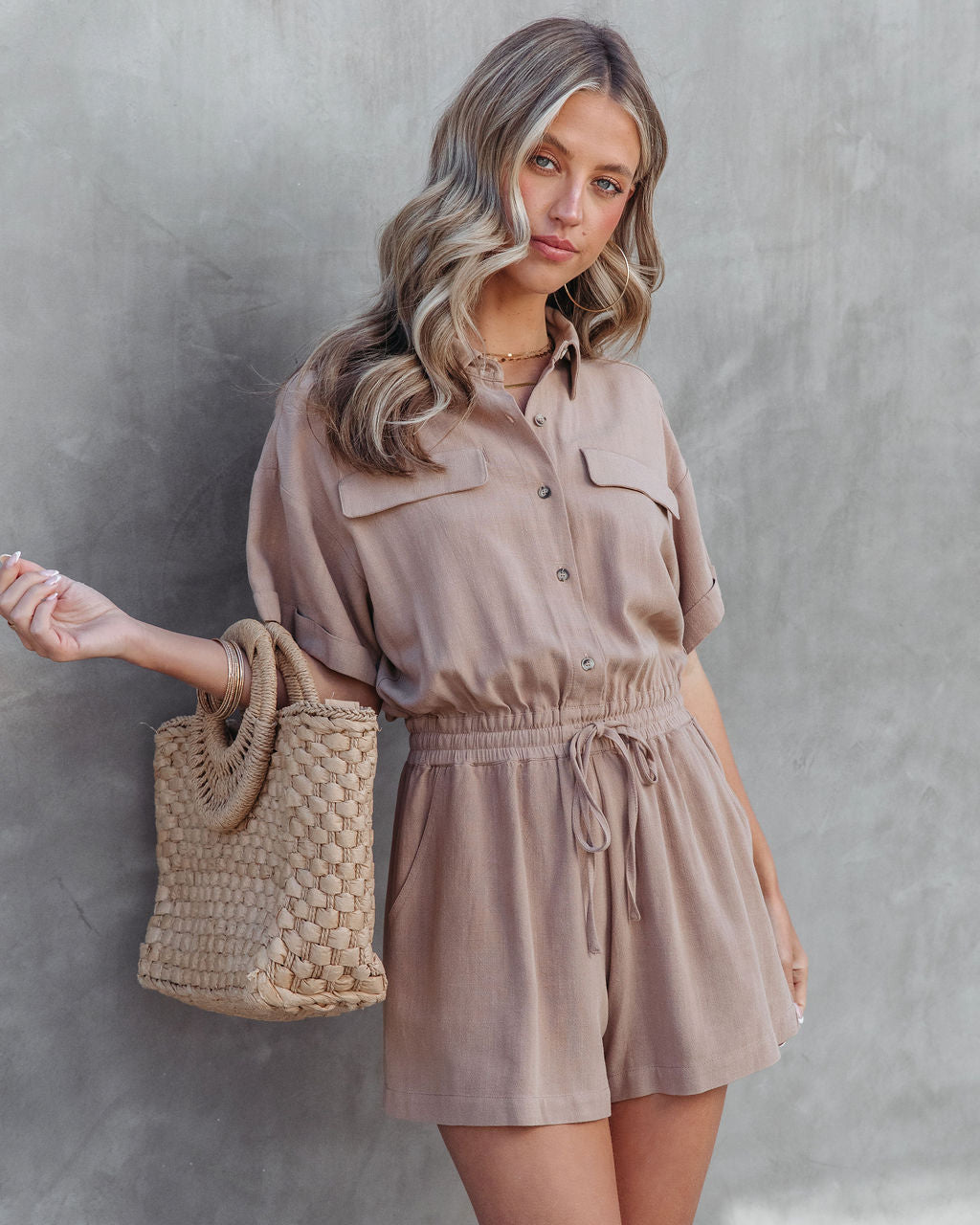 Always Jet Setting Pocketed Drawstring Romper - Mocha