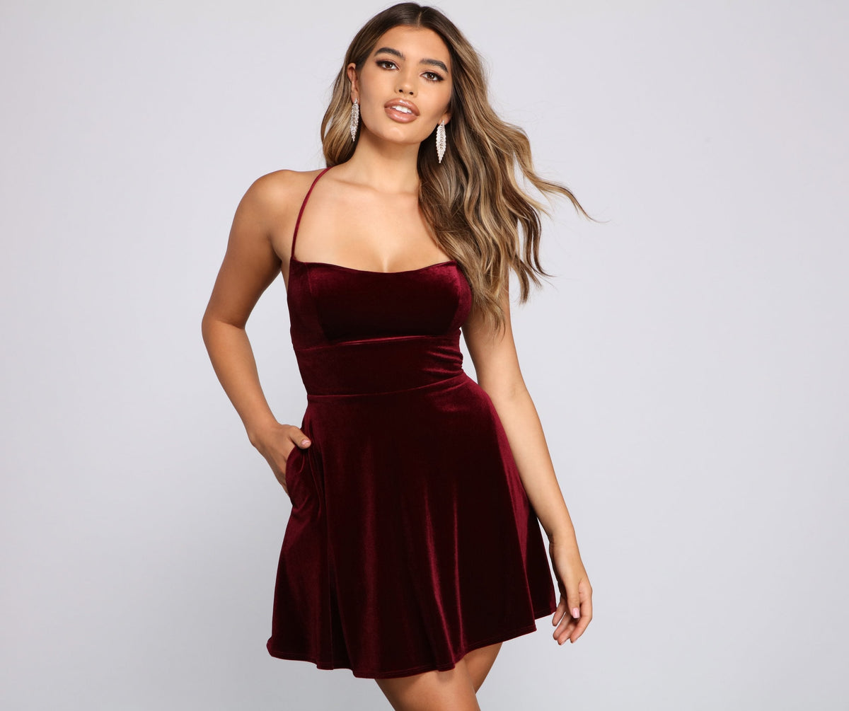 Amelia Lace-Up Back Velvet Skater Dress