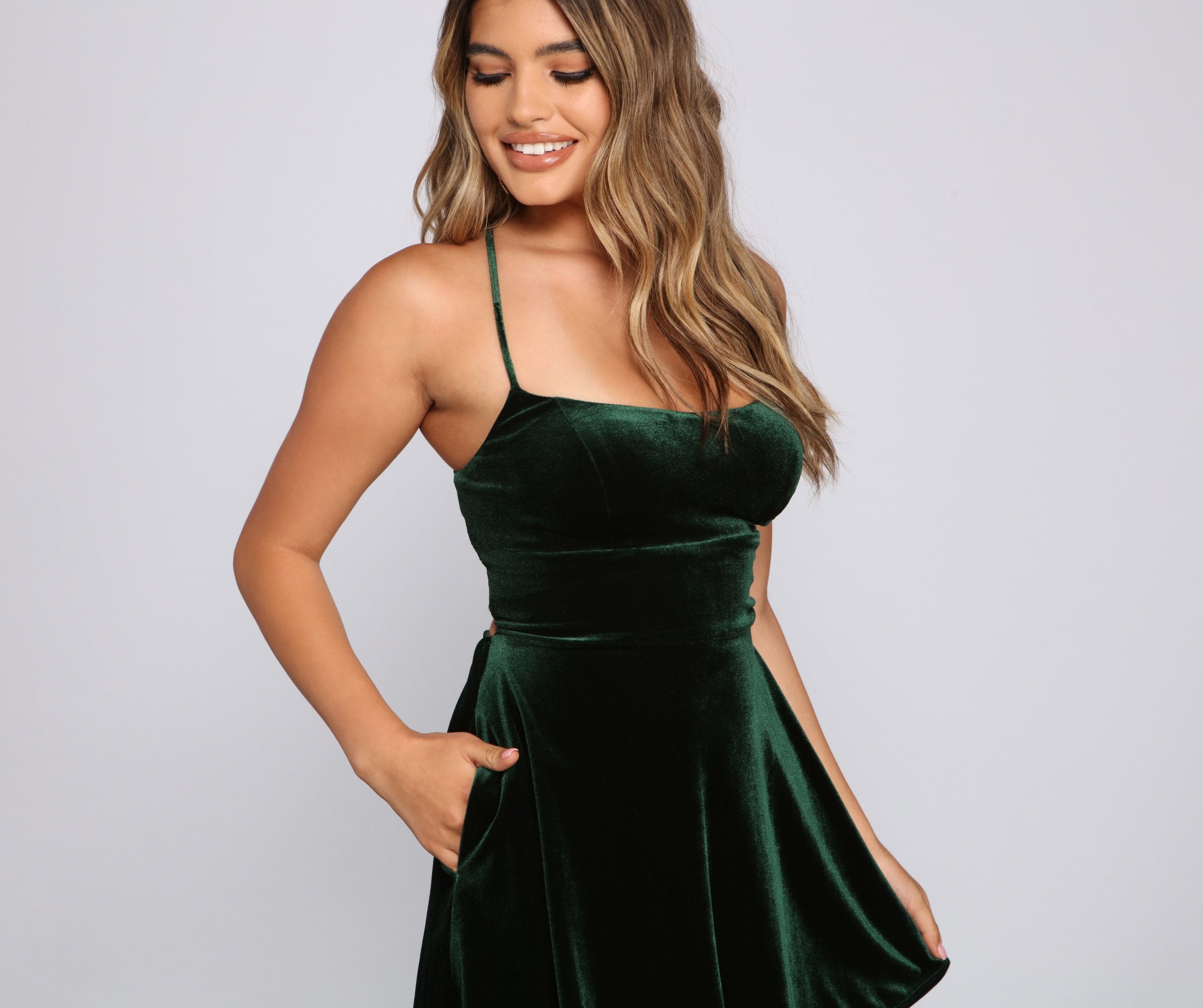 Amelia Lace-Up Back Velvet Skater Dress