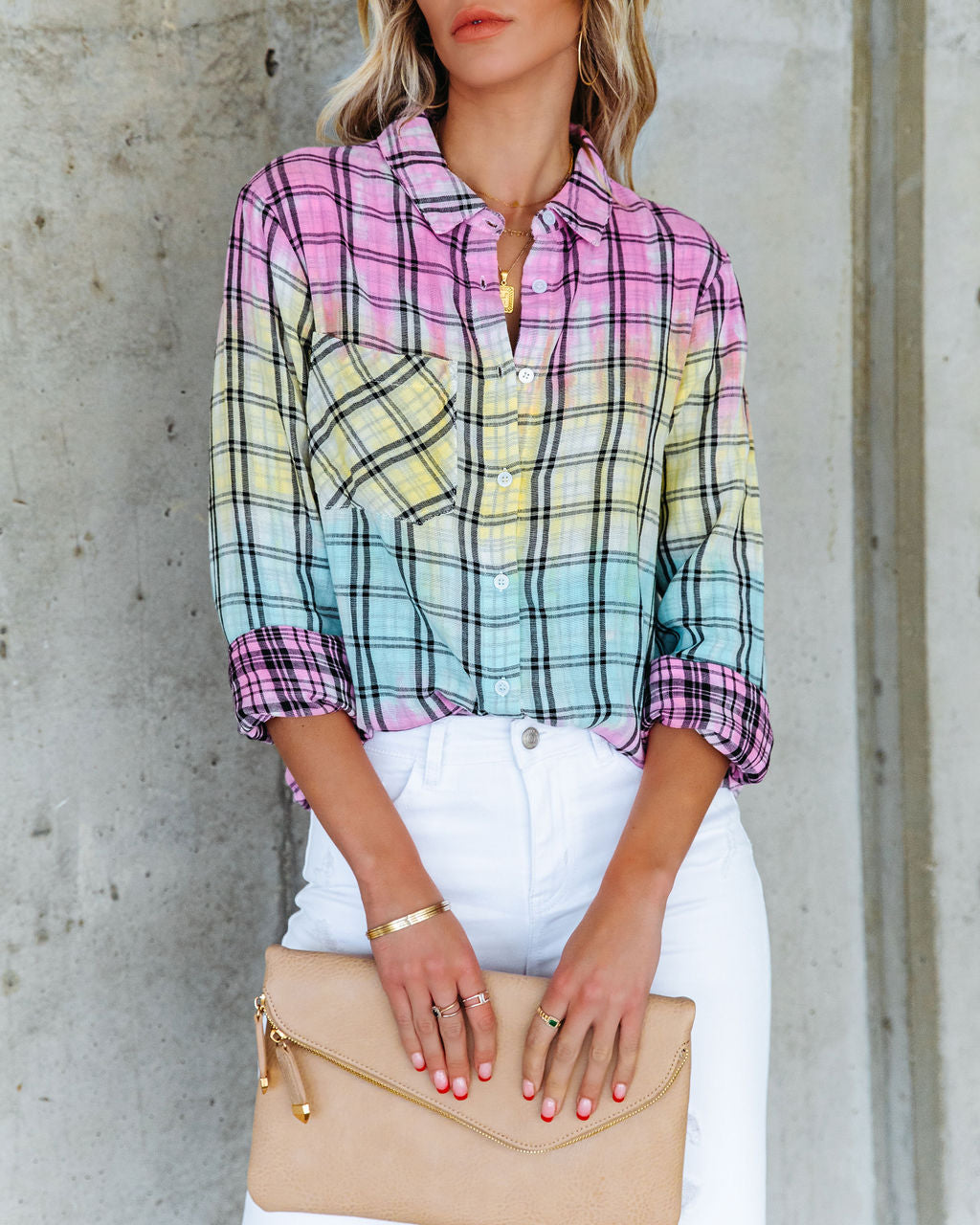 Arty Cotton Tie Dye Plaid Button Down Top