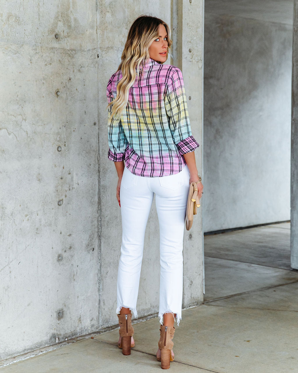 Arty Cotton Tie Dye Plaid Button Down Top