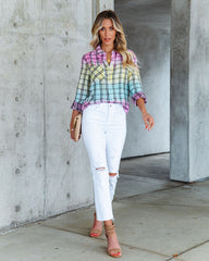 Arty Cotton Tie Dye Plaid Button Down Top