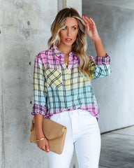 Arty Cotton Tie Dye Plaid Button Down Top