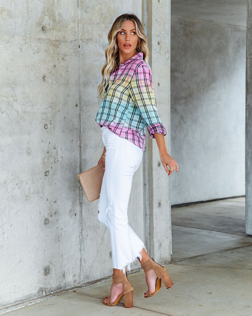 Arty Cotton Tie Dye Plaid Button Down Top