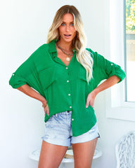 Asana Woven Button Down Top - Green