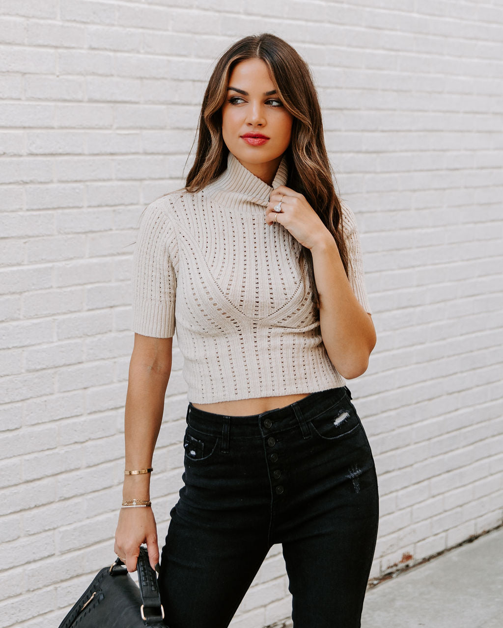 Ashtyn Cotton Blend Crop Turtleneck Top - Ecru