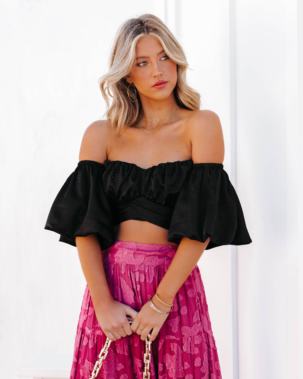 Aspiring Satin Off The Shoulder Crop Top - Black