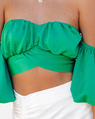 Aspiring Satin Off The Shoulder Crop Top - Green