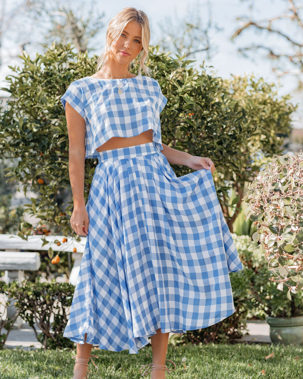 Athina Cotton Blend Gingham Crop Top - Blue