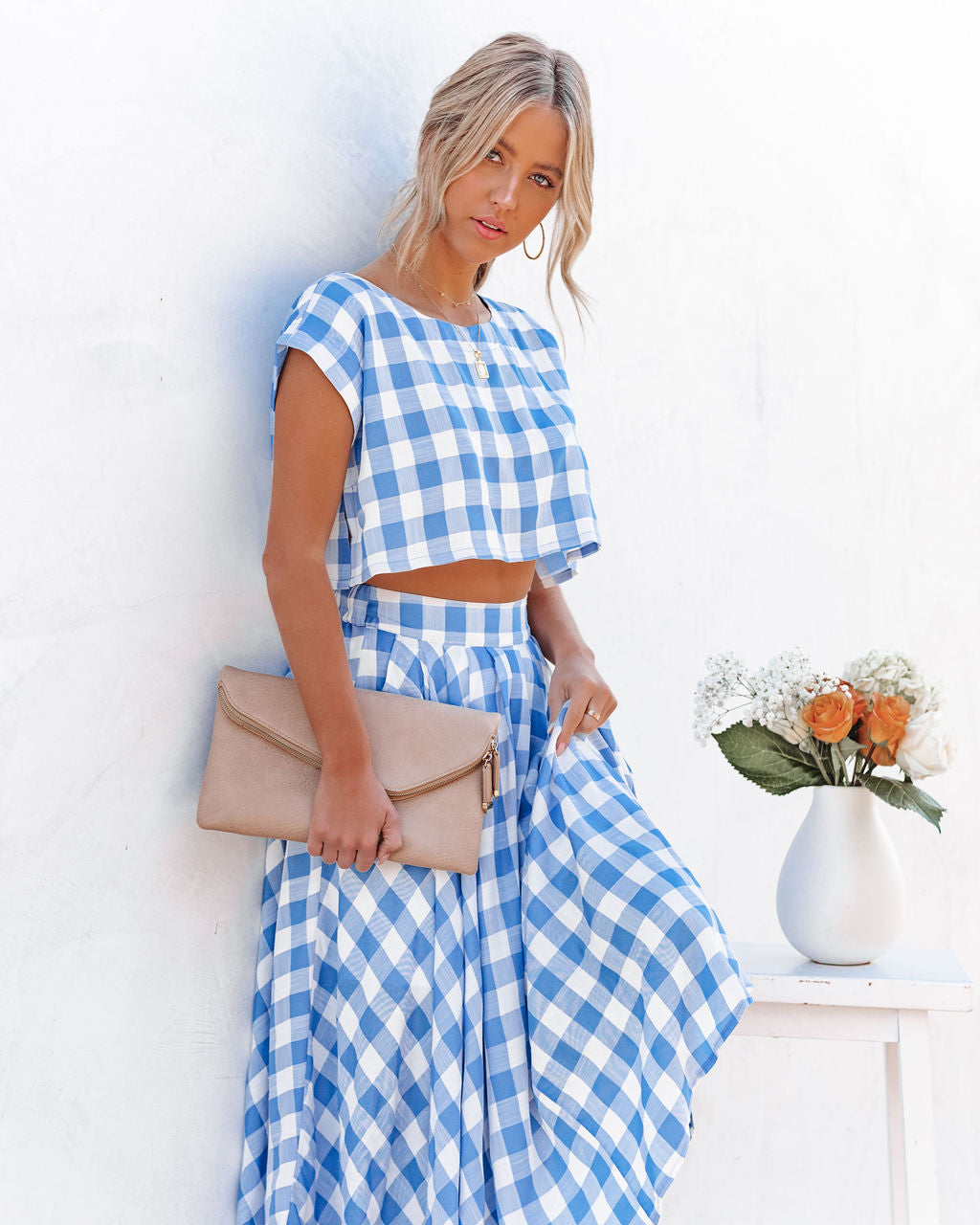 Athina Cotton Blend Gingham Crop Top - Blue