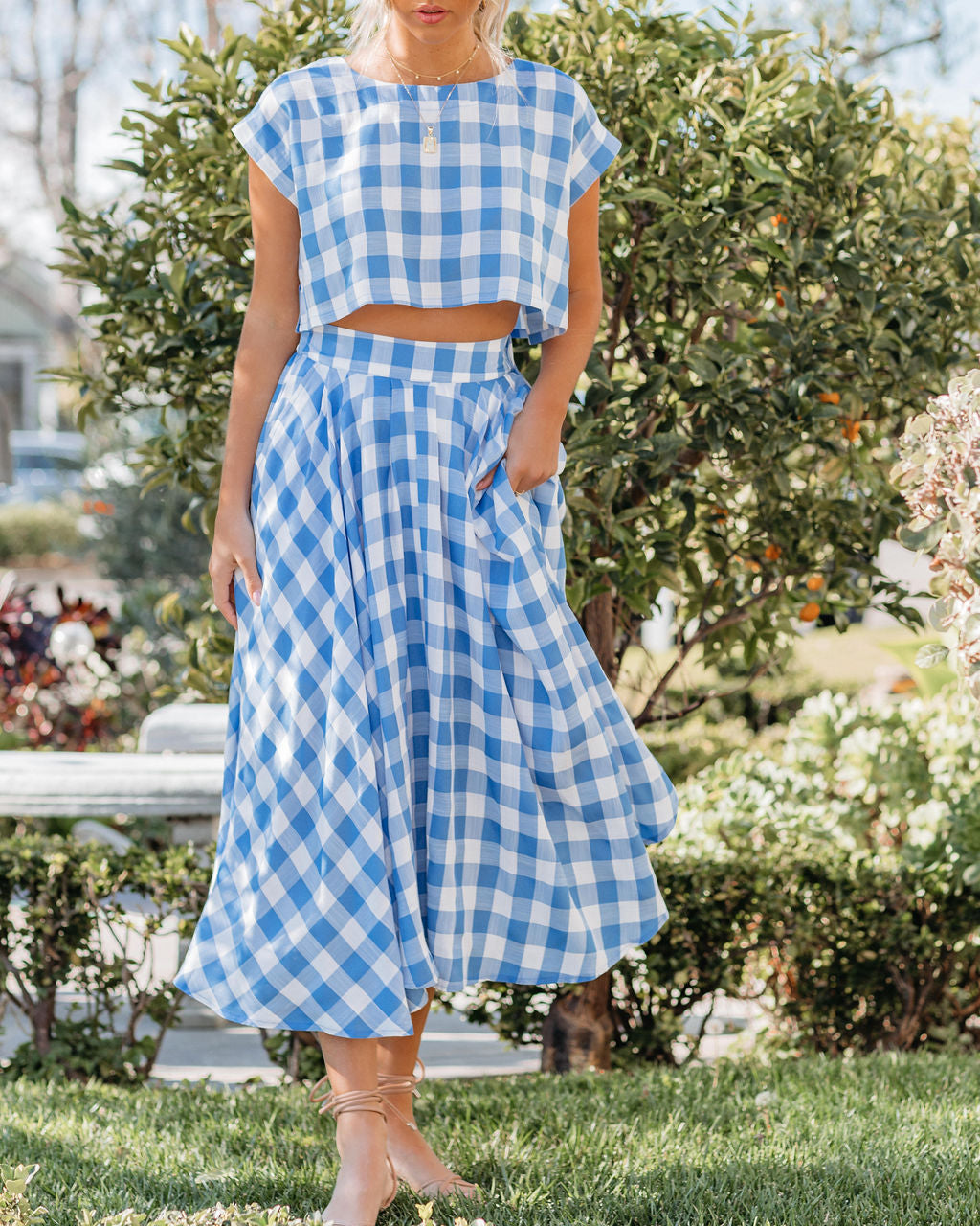 Athina Cotton Blend Gingham Crop Top - Blue