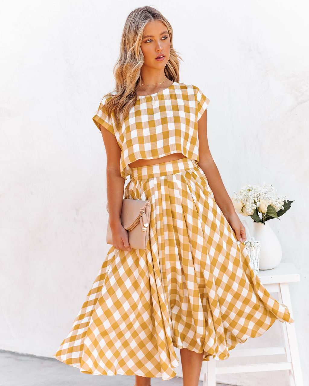 Athina Cotton Blend Gingham Crop Top - Mustard