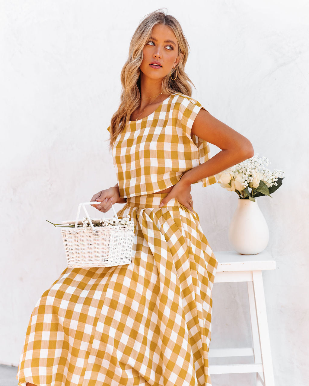 Athina Cotton Blend Gingham Crop Top - Mustard