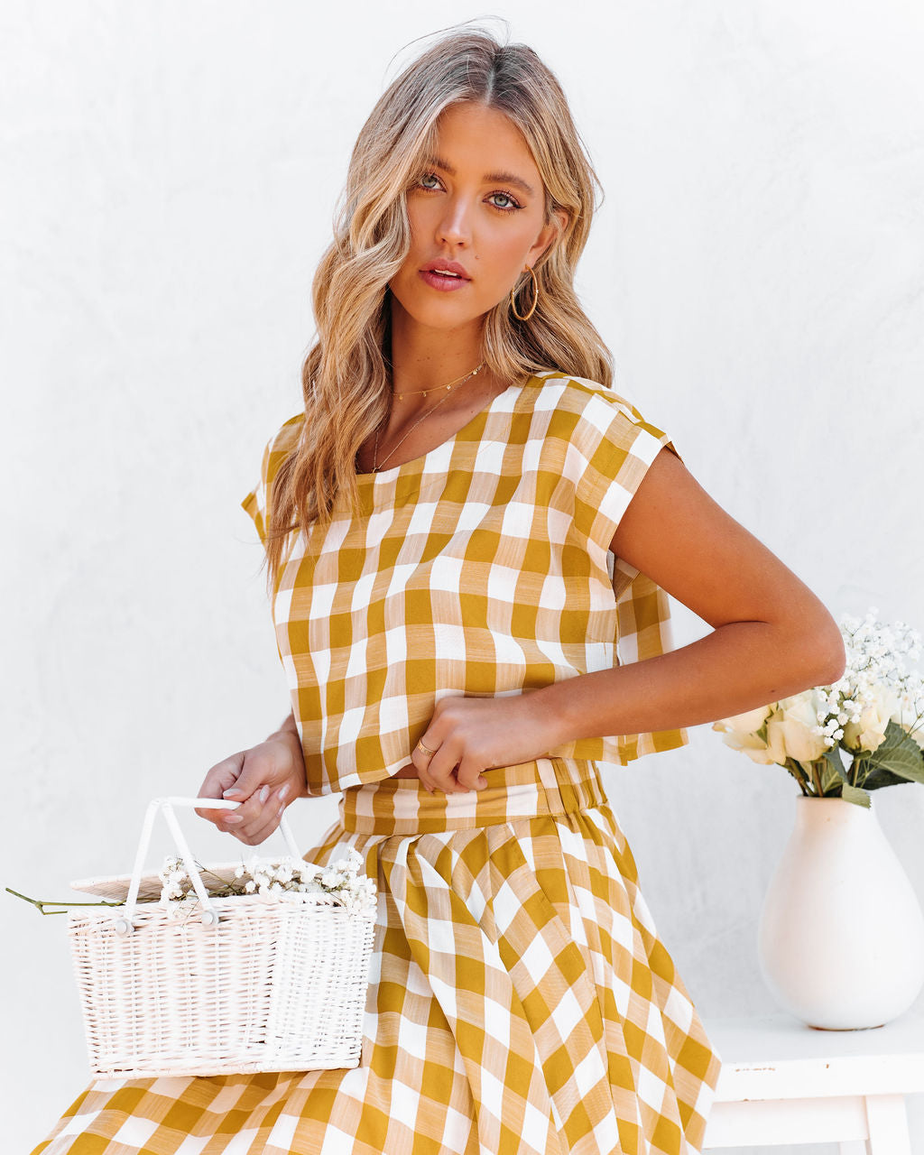 Athina Cotton Blend Gingham Crop Top - Mustard