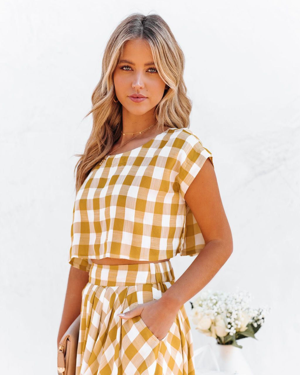 Athina Cotton Blend Gingham Crop Top - Mustard