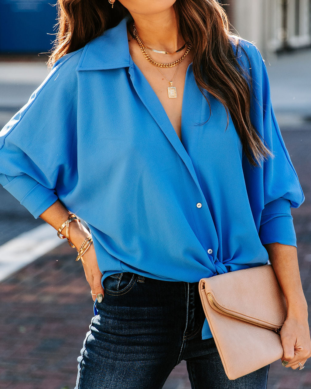 Attention To Detail Button Down Tie Blouse - Clean Blue