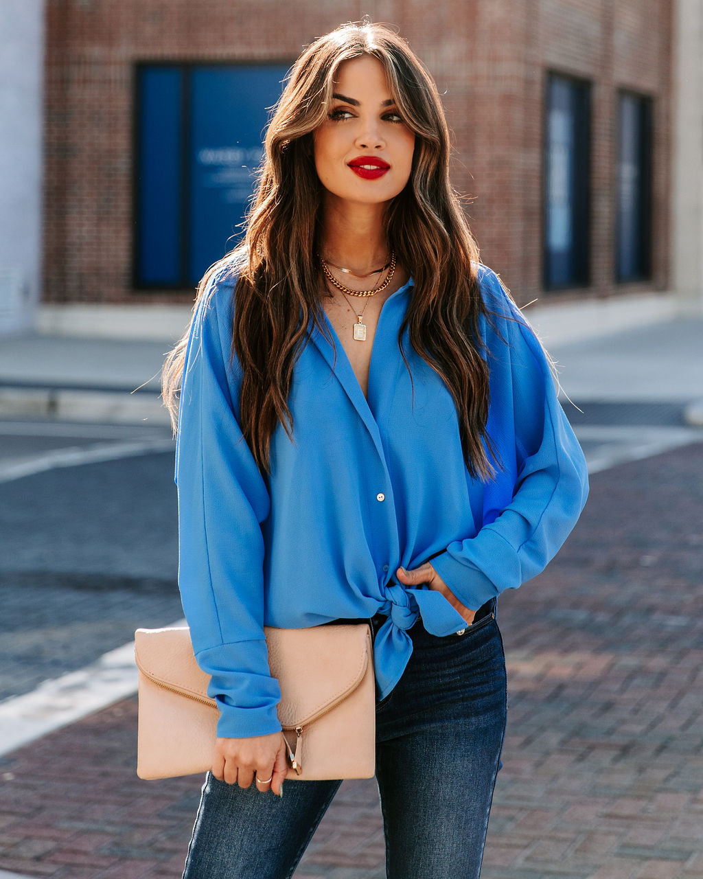 Attention To Detail Button Down Tie Blouse - Clean Blue