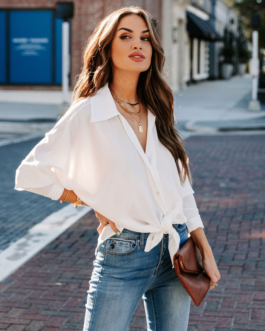 Attention To Detail Button Down Tie Blouse - White