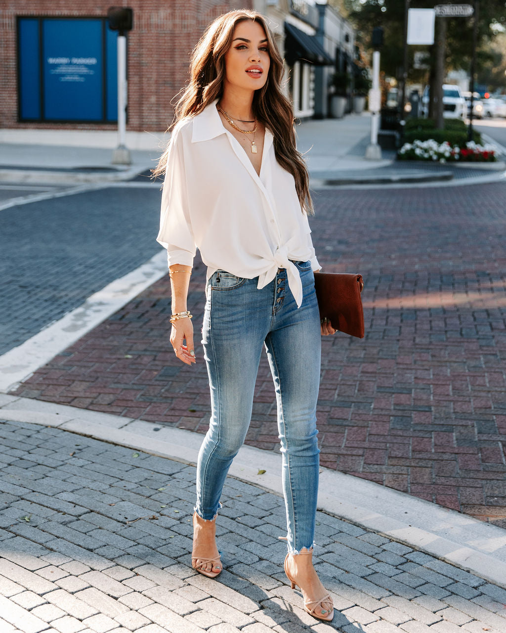 Attention To Detail Button Down Tie Blouse - White