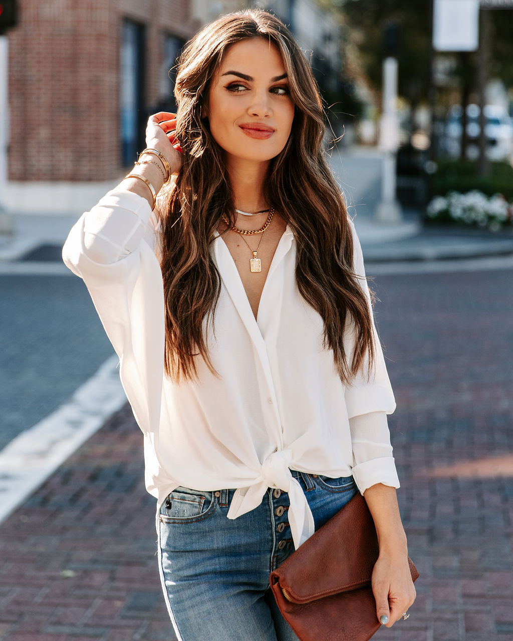 Attention To Detail Button Down Tie Blouse - White