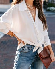 Attention To Detail Button Down Tie Blouse - White