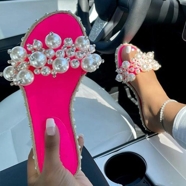 Ladies Pu Pearl Flat Slippers