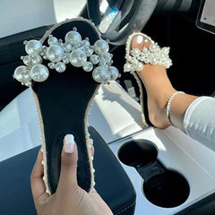 Ladies Pu Pearl Flat Slippers