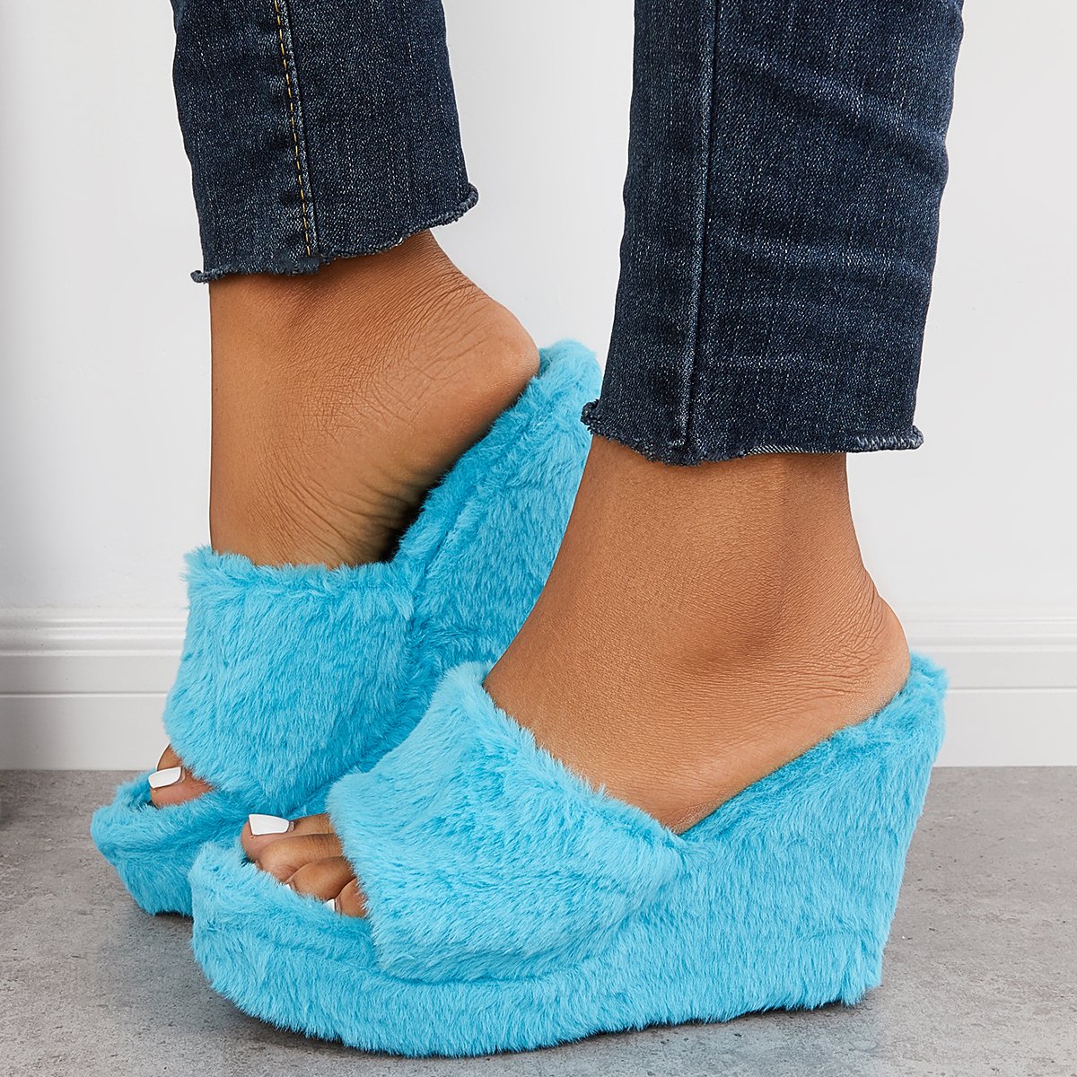 Faux Fur Wedge Slippers Furry Platform High Heel Slide Shoes