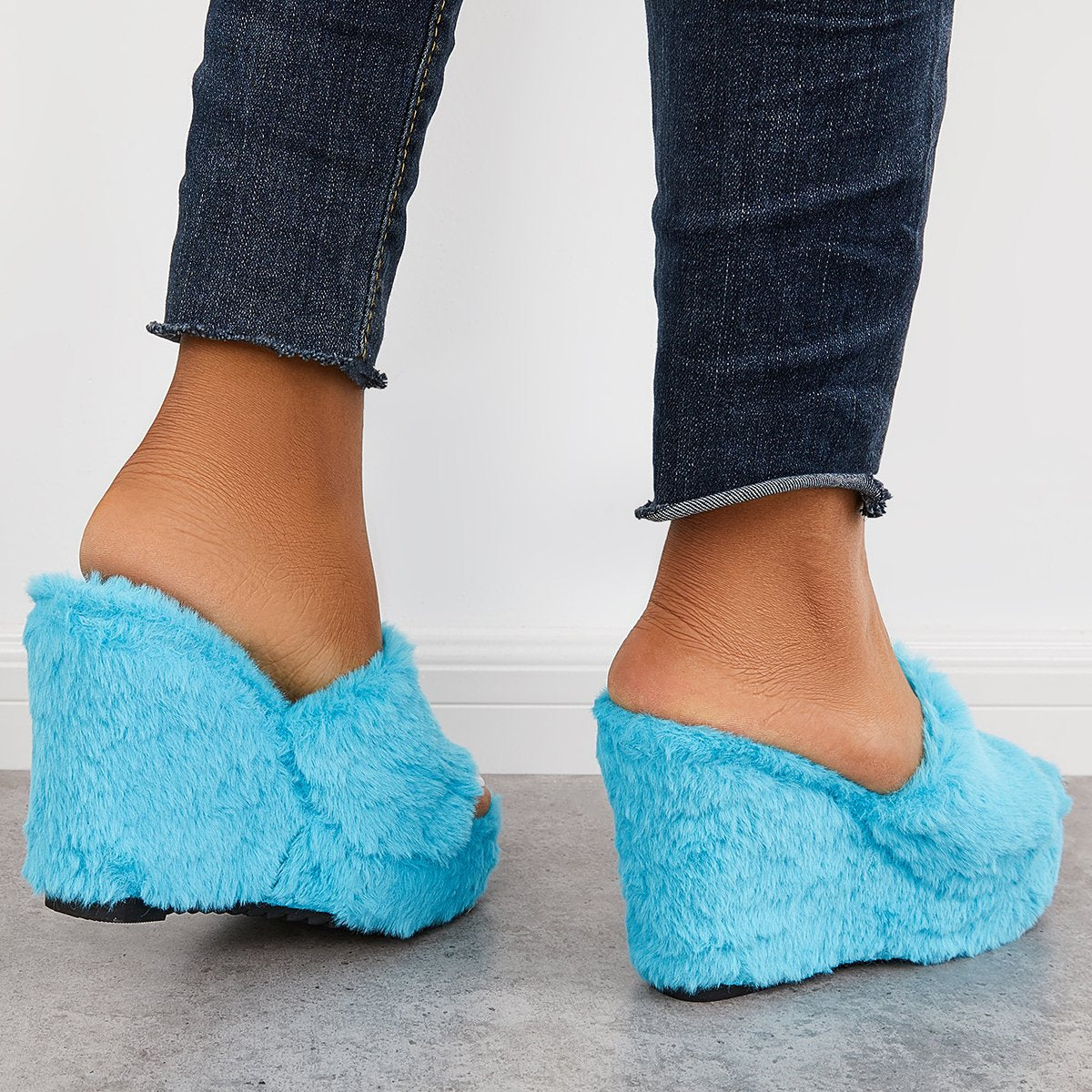 Faux Fur Wedge Slippers Furry Platform High Heel Slide Shoes