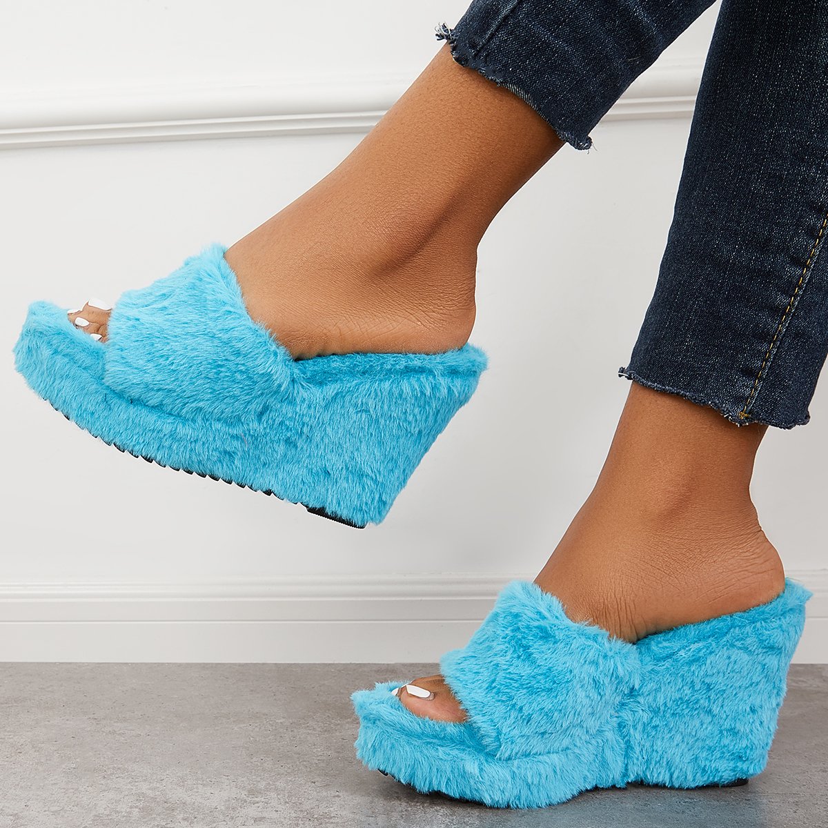 Faux Fur Wedge Slippers Furry Platform High Heel Slide Shoes