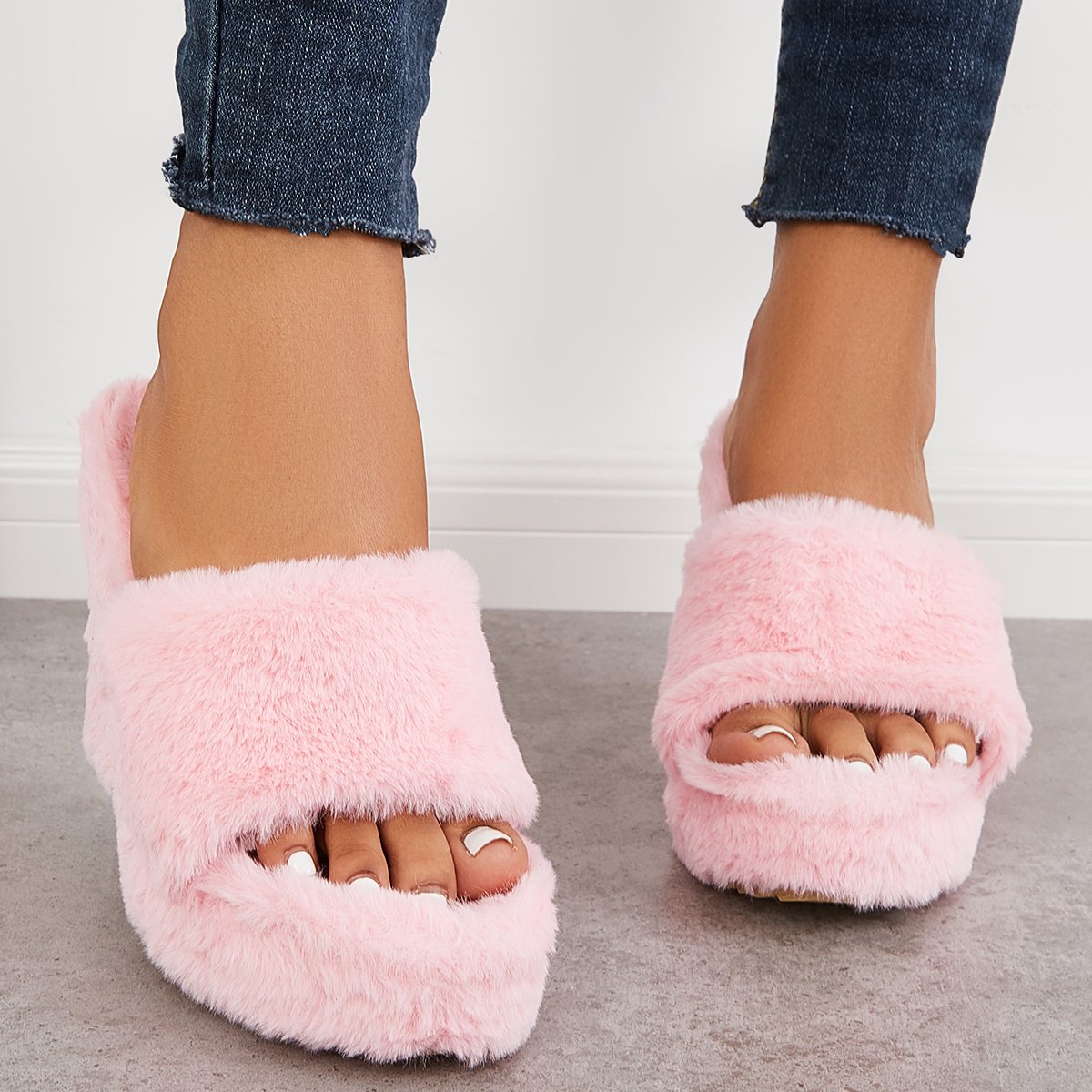 Faux Fur Wedge Slippers Furry Platform High Heel Slide Shoes