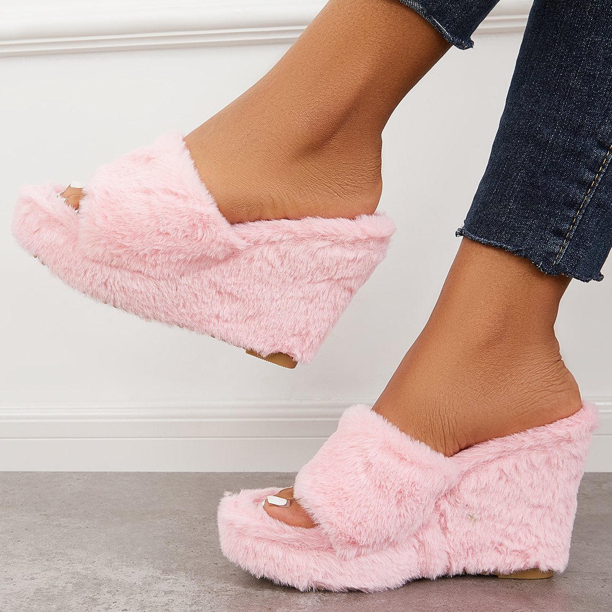 Faux Fur Wedge Slippers Furry Platform High Heel Slide Shoes