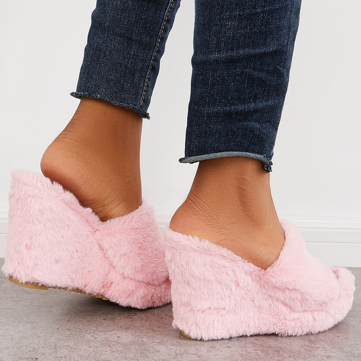 Faux Fur Wedge Slippers Furry Platform High Heel Slide Shoes