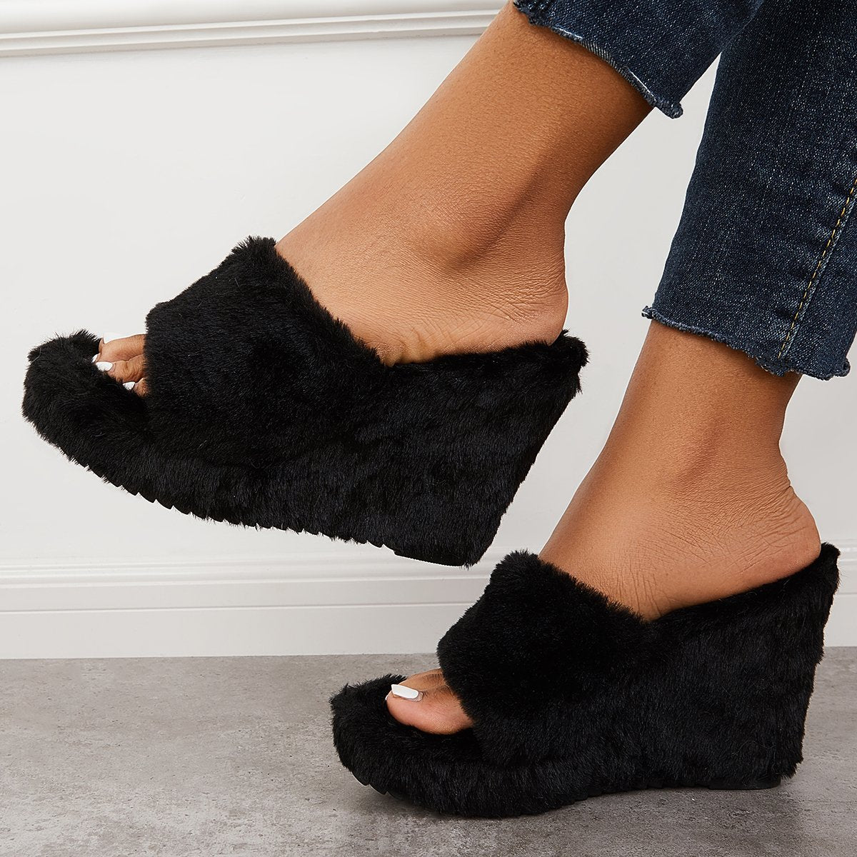 Faux Fur Wedge Slippers Furry Platform High Heel Slide Shoes