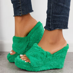 Faux Fur Wedge Slippers Furry Platform High Heel Slide Shoes