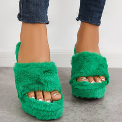 Faux Fur Wedge Slippers Furry Platform High Heel Slide Shoes